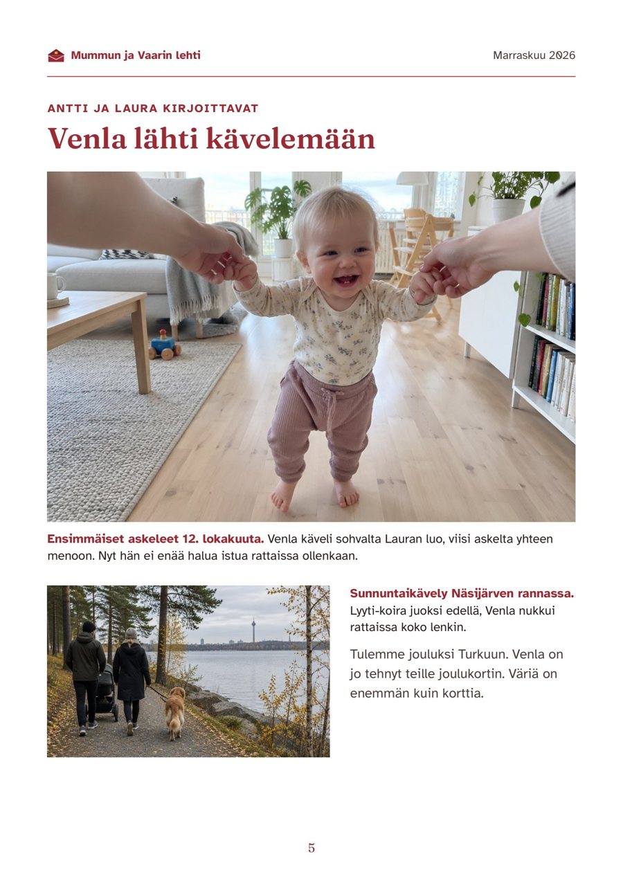Lehden sivu, jossa vauva ottaa ensimmäiset askeleensa